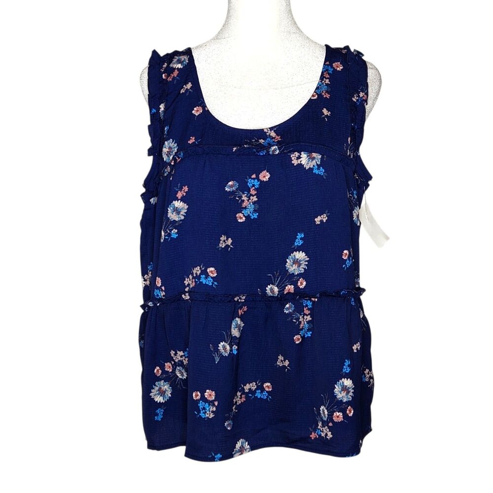 Bobeau Navy Pink Floral Ruffle Tiered Sleeveless Tank Blouse S Cottagecore Boho